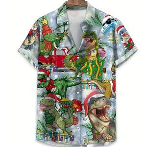 T Rex Dino Christmas Graphics Hawaiian Collared Casual Party Shirt Men's XXL #L
